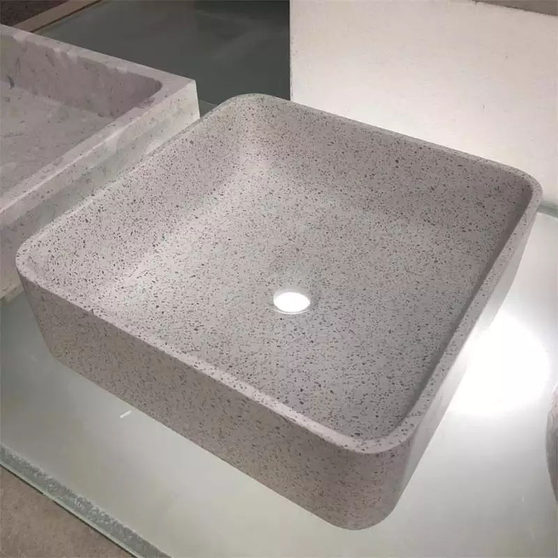Bacia de lavagem ou pia quadrada de pedra artificial de cimento Terrazzo para banheiro e cozinha (3)